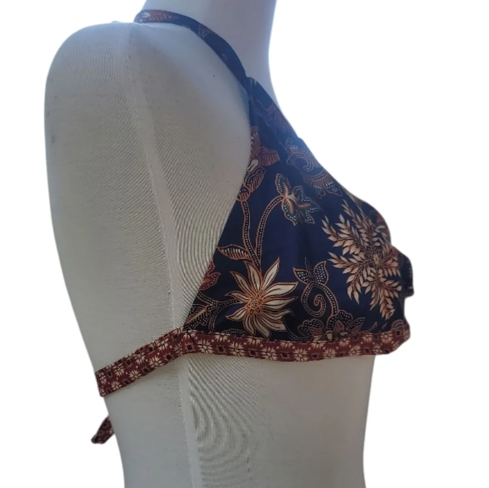 Vintage Floral Halter bikini Crop Top Navy blue rust cream orange small bohemian